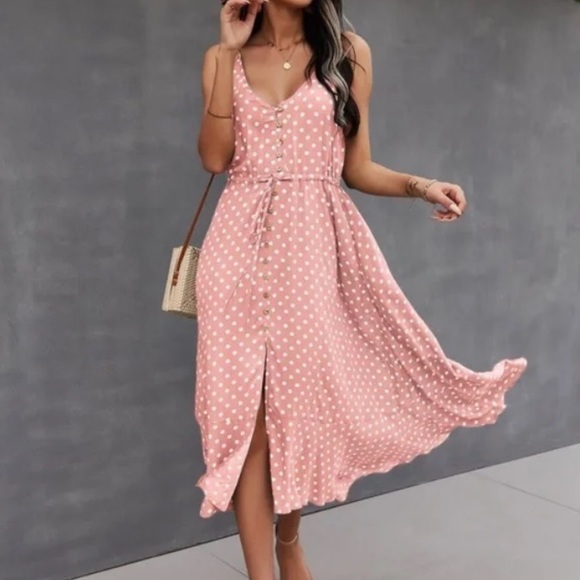 Boho pink button up v neck tie polka dot dress